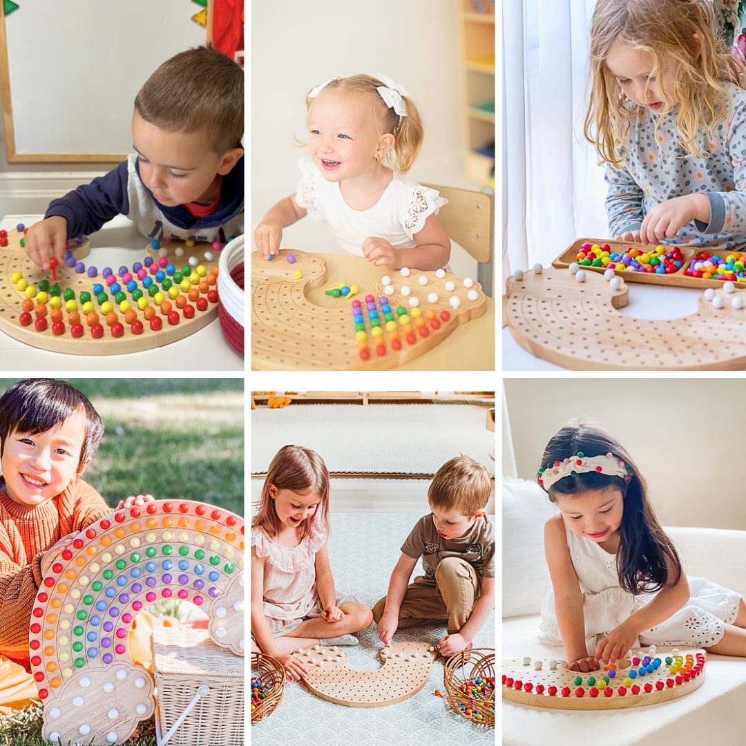 Young children use rainbow-shaped pegboards to sort, pattern, and play, supporting early education through fun, tactile activities.