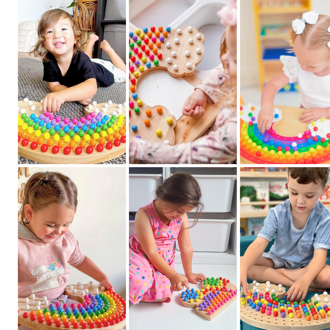 Children interact with playful pegboards in different environments, using bright colours and themed boards to support expressive, meaningful learning.
