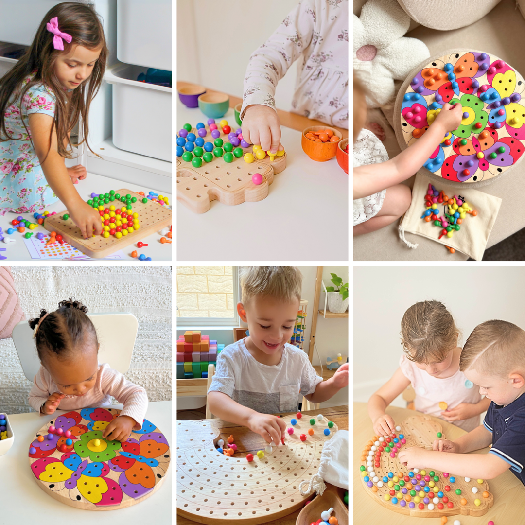 Children explore colourful wooden rainbow pegboards through hands-on play, building fine motor skills, creativity, and early learning connections.