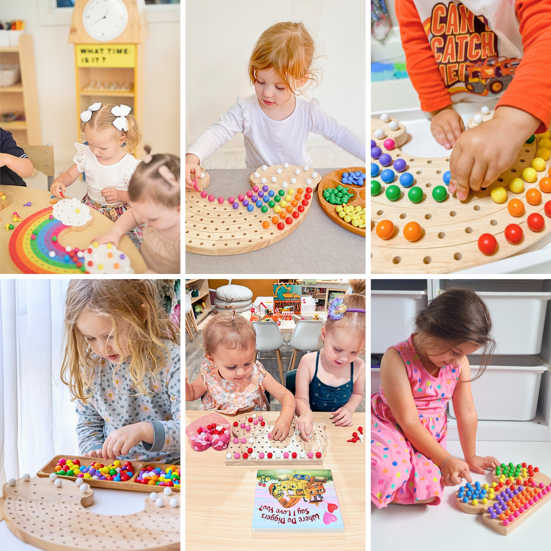 Kids engage with various shaped wooden pegboards—including hearts, butterflies, and squares—promoting concentration, colour recognition, and problem-solving.